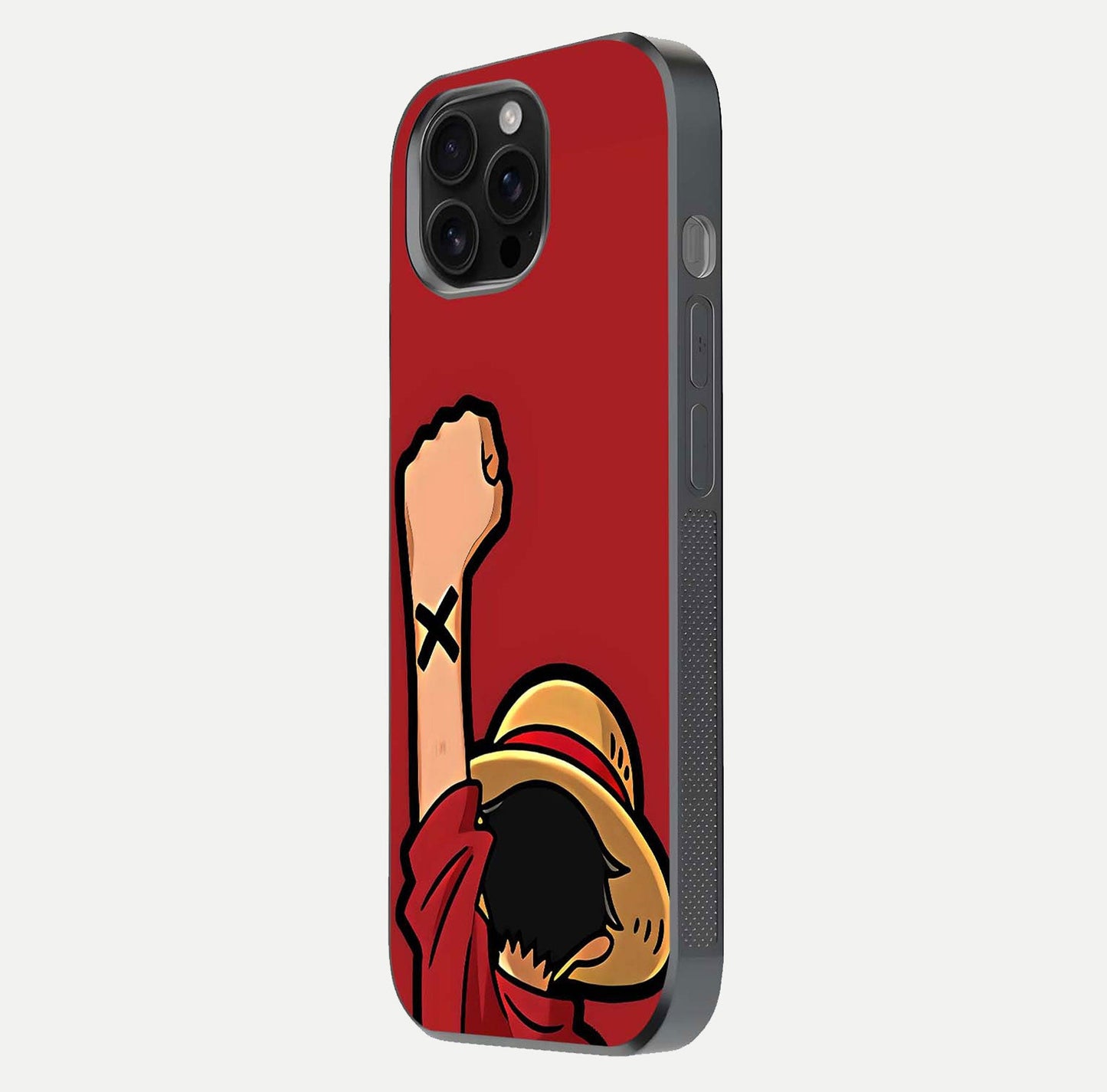 Luffy X Spirit Glass Case for iPhone 16 Pro Max side-angle image highlighting reflection strength and anime print