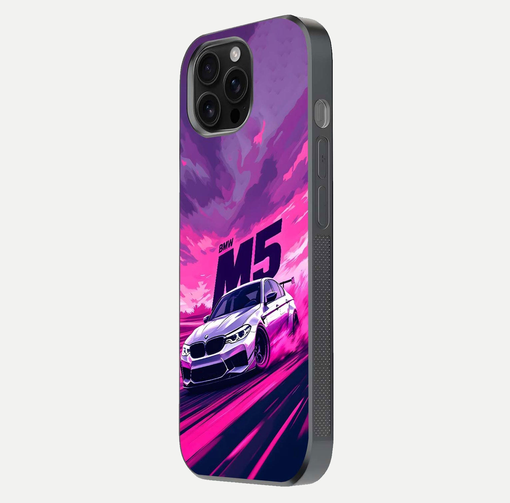 MS Neon Car Glass Case for iPhone 16 Pro Max side-angle image showing glow reflection and car detailing