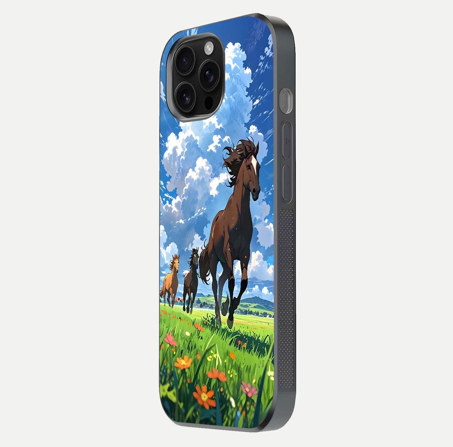 Majestic Horses Galloping Glass Case for iPhone 16 Pro Max side-angle shot emphasizing reflection and running artwork