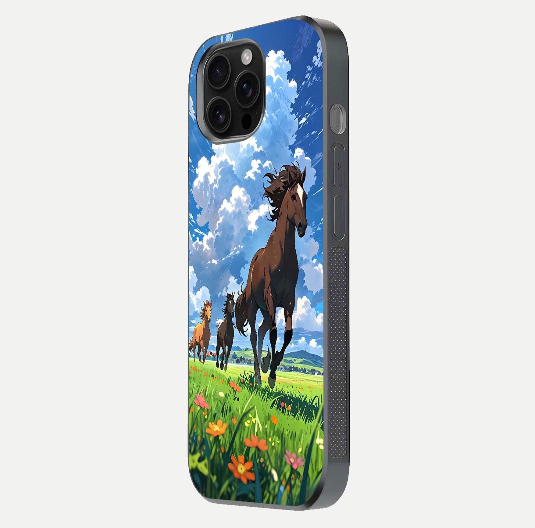 Majestic Horses Galloping Glass Case for iPhone 16 Pro Max side-angle shot emphasizing reflection and running artwork
