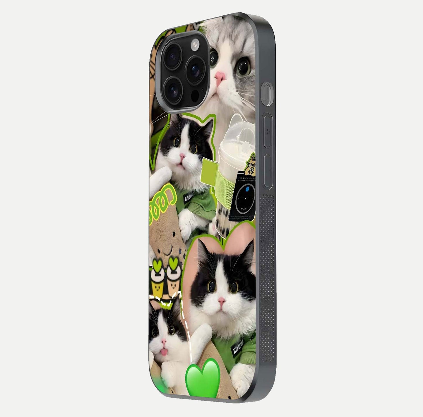 Matcha Cats Mood Glass Case for iPhone 16 Pro Max side-angle image showing shine clarity and cat pattern charm