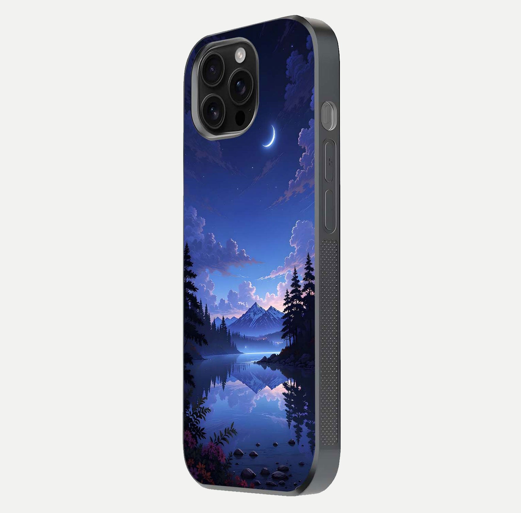 Midnight Lake Peace Glass Case for iPhone 16 Pro Max side-angle image showing HD shine and tranquil color tones