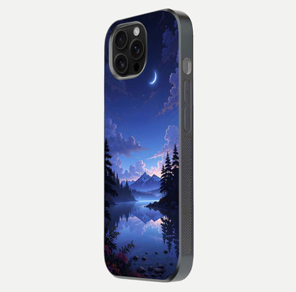 Midnight Lake Peace Glass Case for iPhone 16 Pro Max side-angle image showing HD shine and tranquil color tones