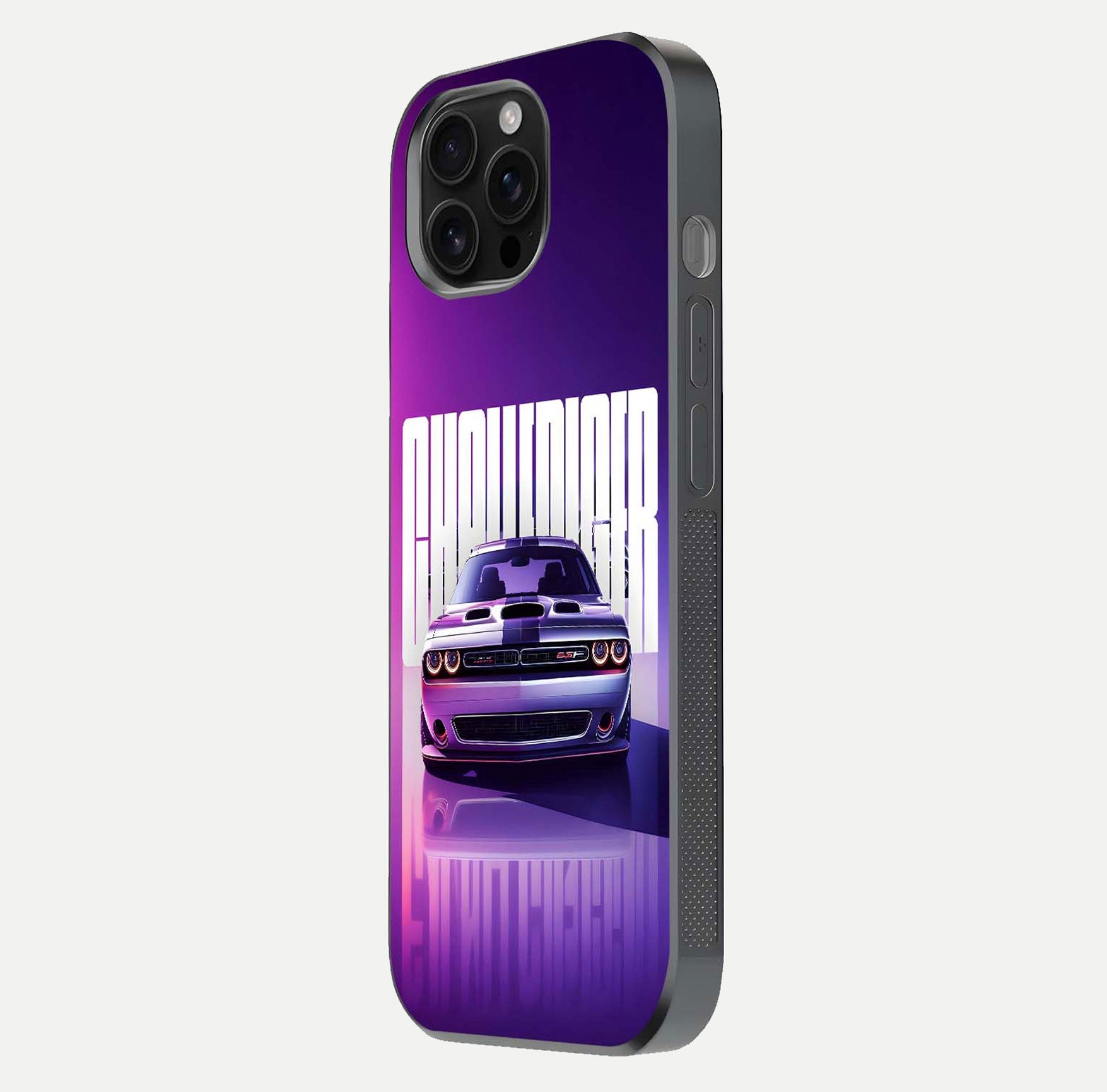 Midnight Muscle Ride Glass Case for iPhone 16 Pro Max side-angle image showing reflection clarity and bold design