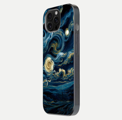 Midnight Sky Whirl Glass Case for iPhone 16 Pro Max side-angle image showing reflection depth and galaxy pattern