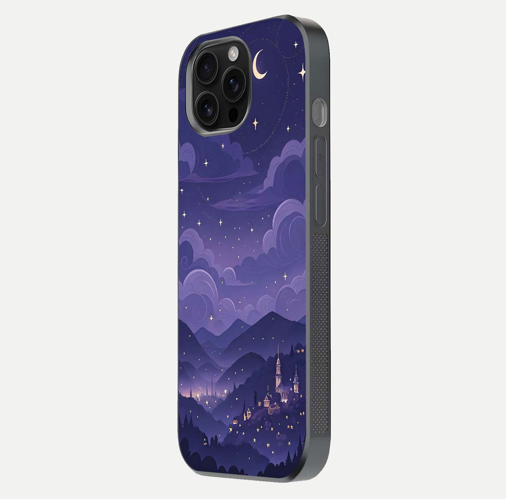 Minimal Night View Glass Case for iPhone 16 Pro Max side-angle image showing subtle reflection and urban design