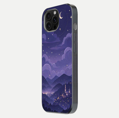 Minimal Night View Glass Case for iPhone 16 Pro Max side-angle image showing subtle reflection and urban design