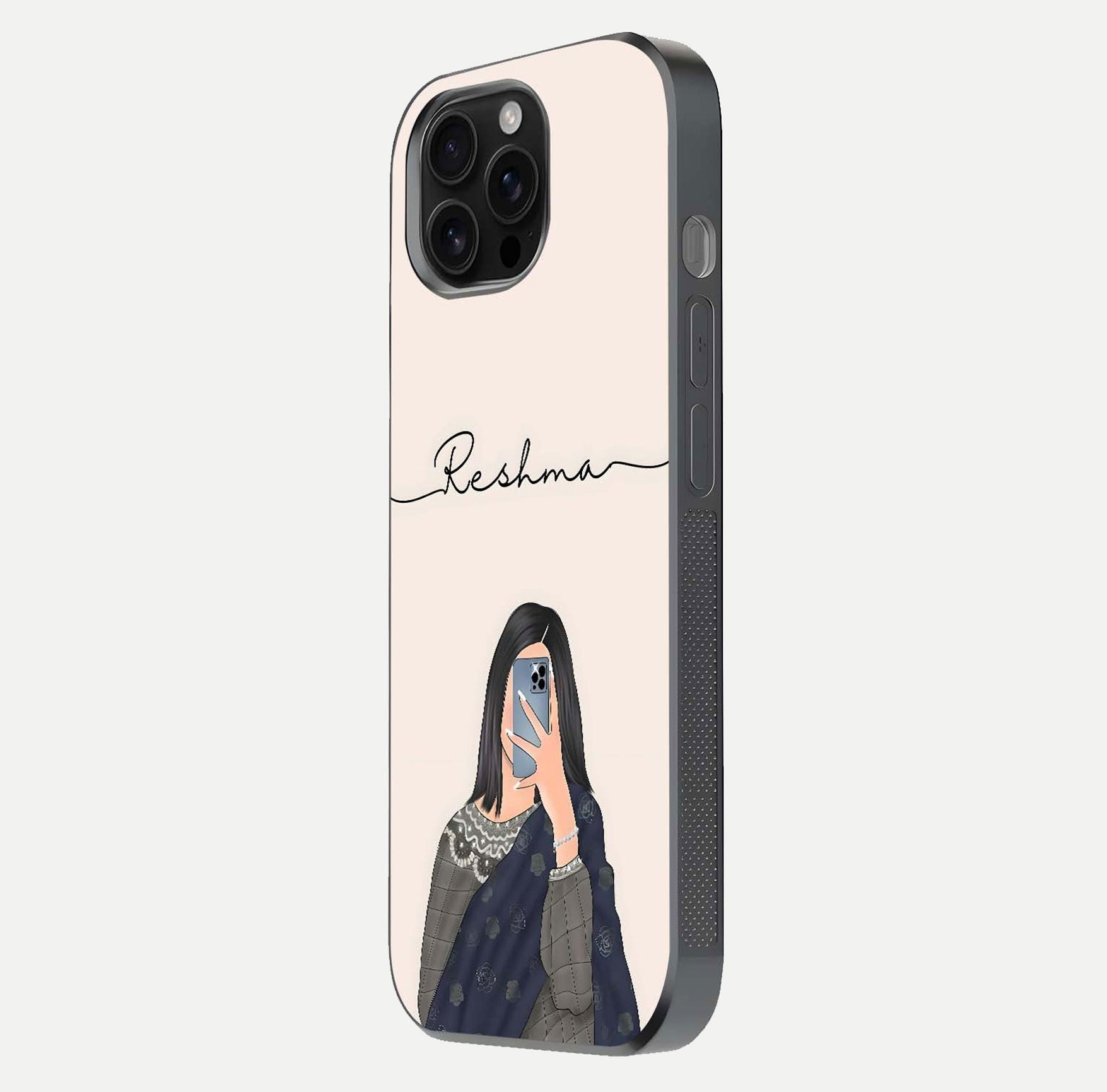 Mirror Mood Muse Custom Name Glass Case for iPhone 16 Pro Max side-angle image emphasizing glossy mirror texture
