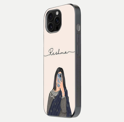 Mirror Mood Muse Custom Name Glass Case for iPhone 16 Pro Max side-angle image emphasizing glossy mirror texture