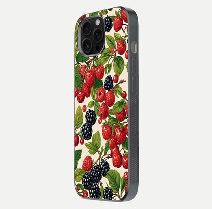 Mixed Berry Collage Glass Case for iPhone 16 Pro Max side-angle image showing reflection and HD fruit texture