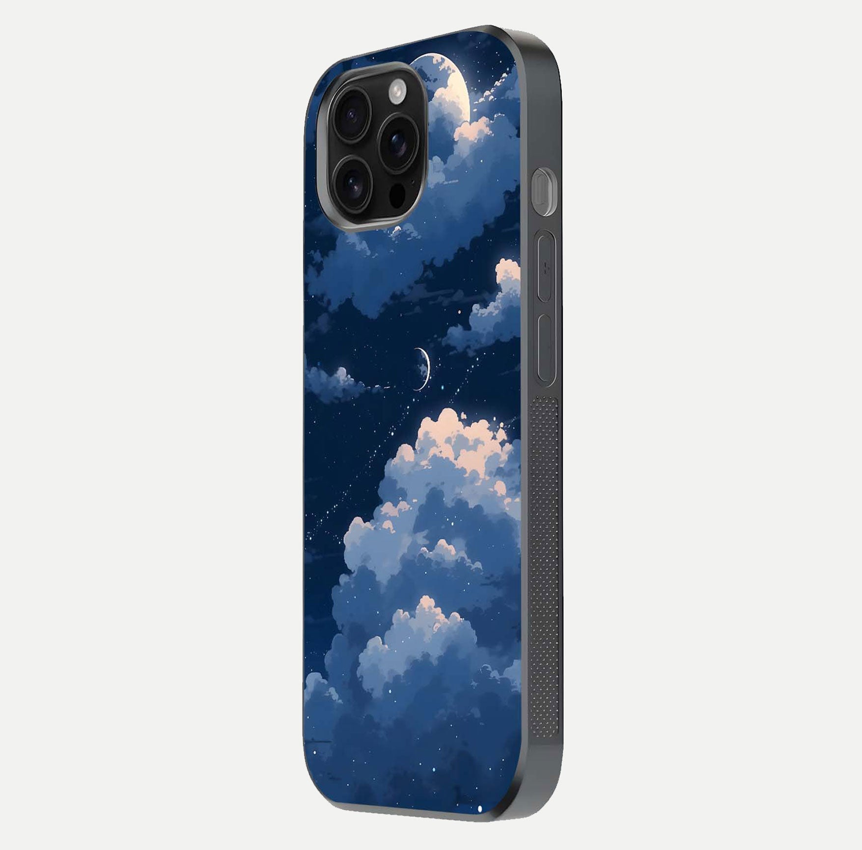 Moon Dream Haze Glass Case for iPhone 16 Pro Max side-angle image showing HD reflection and moonlight detailing