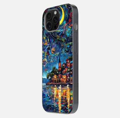 Moonlight Harbor Glow Glass Case for iPhone 16 Pro Max side-angle image showing reflective surface and ocean tones