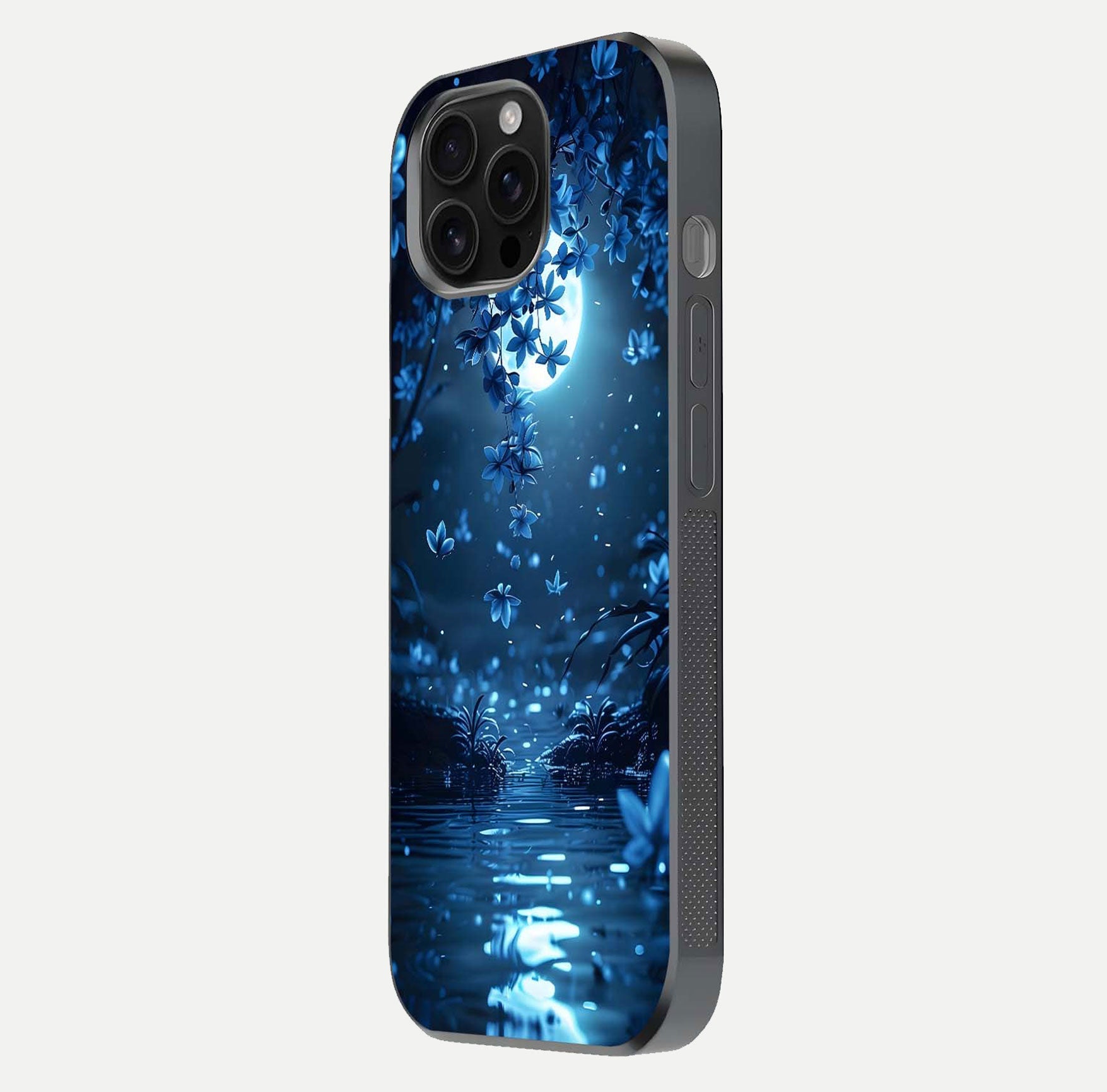 Moonlight Petal Dream Glass Case for iPhone 16 Pro Max side-angle image showing reflection and petal detail