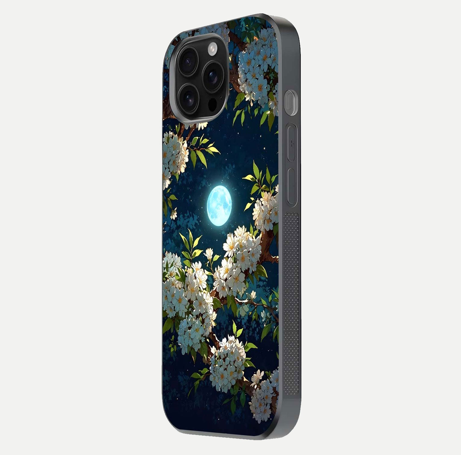 Moonlit Blossom Dream Glass Case for iPhone 16 Pro Max side-angle image showing shine depth and flower glow