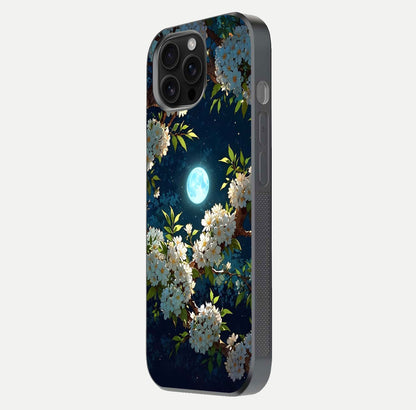 Moonlit Blossom Dream Glass Case for iPhone 16 Pro Max side-angle image showing shine depth and flower glow