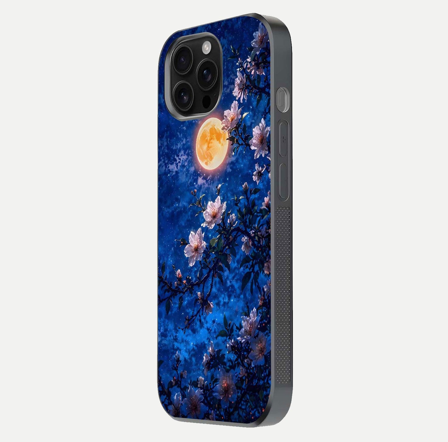 Moonlit Blossoms Night Glass Case for iPhone 16 Pro Max side-angle image revealing shine and night bloom texture