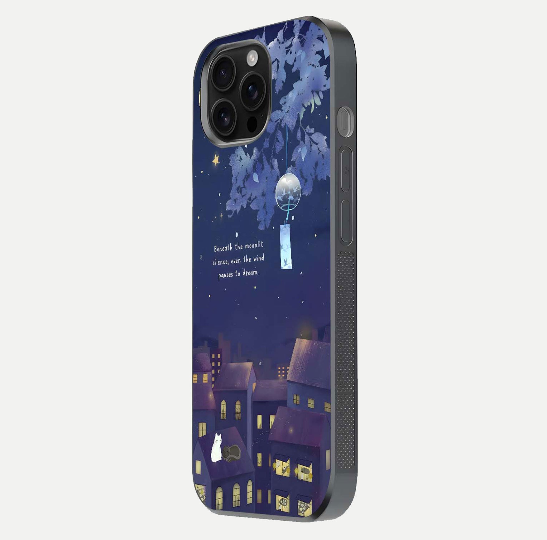 Moonlit Cat Silence Glass Case for iPhone 16 Pro Max side-angle image showing HD gloss and feline artwork detail