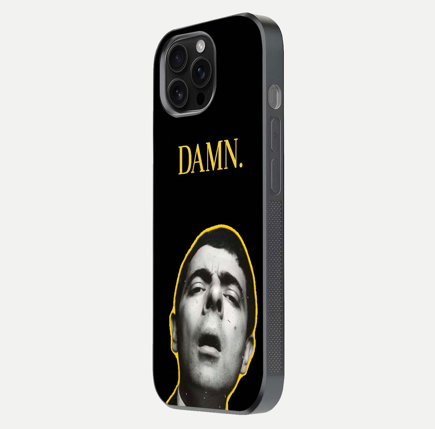 Mr Bean Damn Glass Case for iPhone 16 Pro Max side-angle image emphasizing HD print clarity and playful theme
