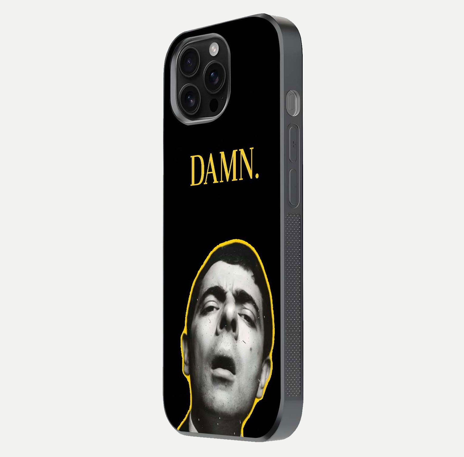 Mr Bean Damn Glass Case for iPhone 16 Pro Max side-angle image emphasizing HD print clarity and playful theme