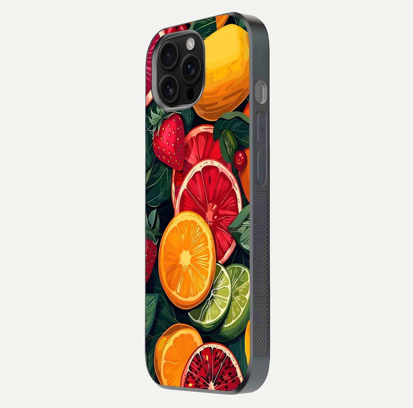 Multiple Fruits Glass Case for iPhone 16 Pro Max side-angle image showing glossy surface and vivid fruit pattern