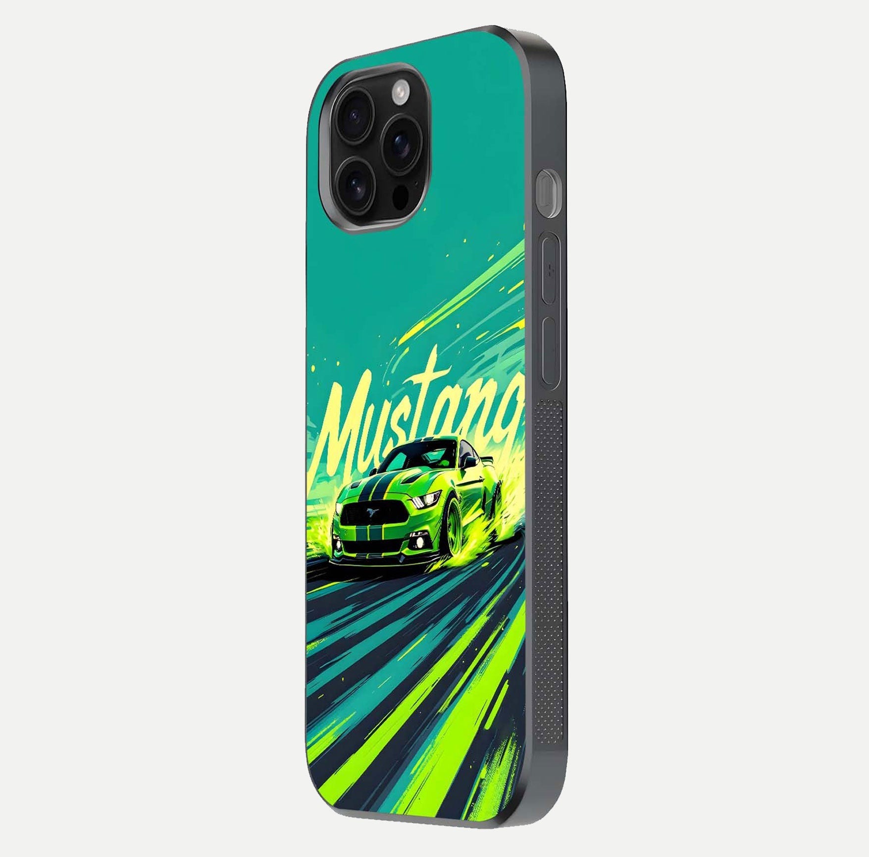 Mustang Bang Glass Case for iPhone 16 Pro Max side-angle image showing reflection clarity and bold car artwork