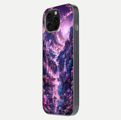Mystic Cascade Peaks Glass Case for iPhone 16 Pro Max side-angle image showing reflection and scenic art clarity