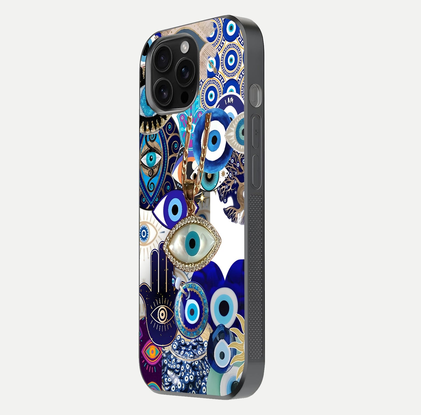 Mystic Charm Eye Glass Case for iPhone 16 Pro Max side-angle image showing HD reflection and sacred tone