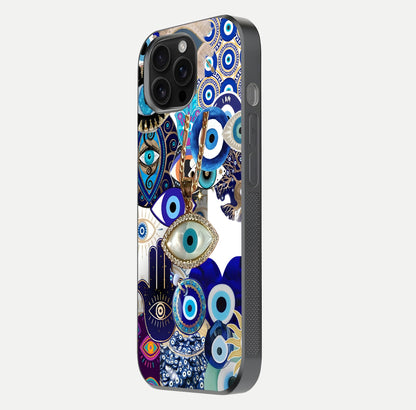 Mystic Charm Eye Glass Case for iPhone 16 Pro Max side-angle image showing HD reflection and sacred tone