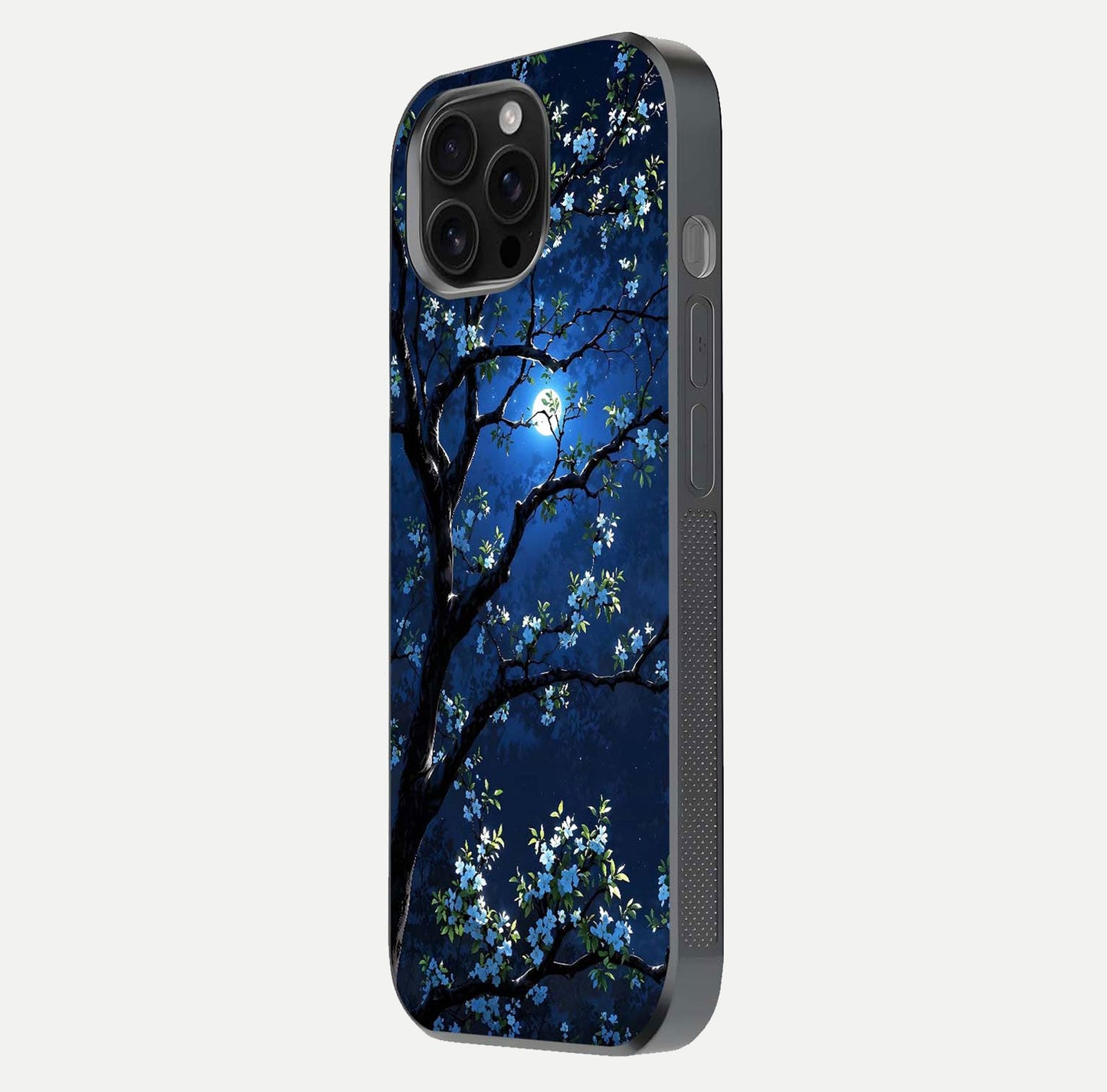 Mystic Floral Night Glass Case for iPhone 16 Pro Max side-angle image showing gloss surface and midnight floral tones