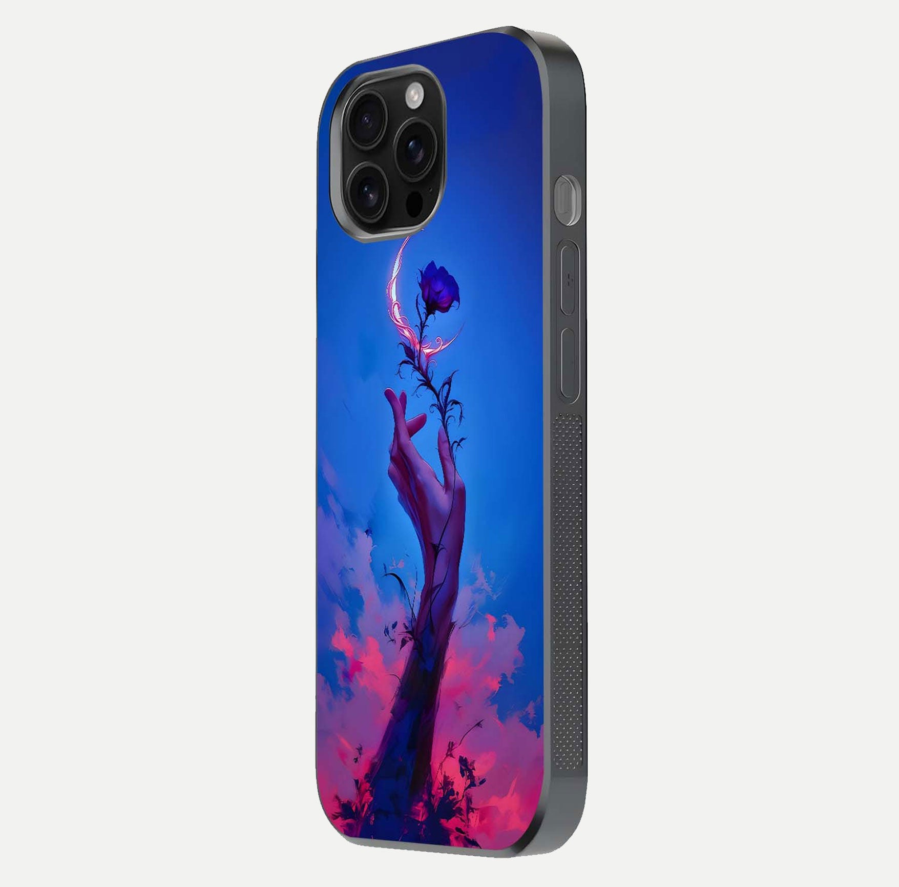 Mystic Hand Glass Case for iPhone 16 Pro Max side-angle image showing reflection depth and sacred aesthetic