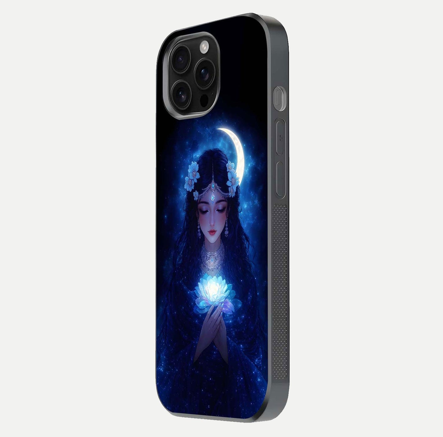 Mystic Moon Queen Glass Case for iPhone 16 Pro Max side-angle image showing reflection and celestial details