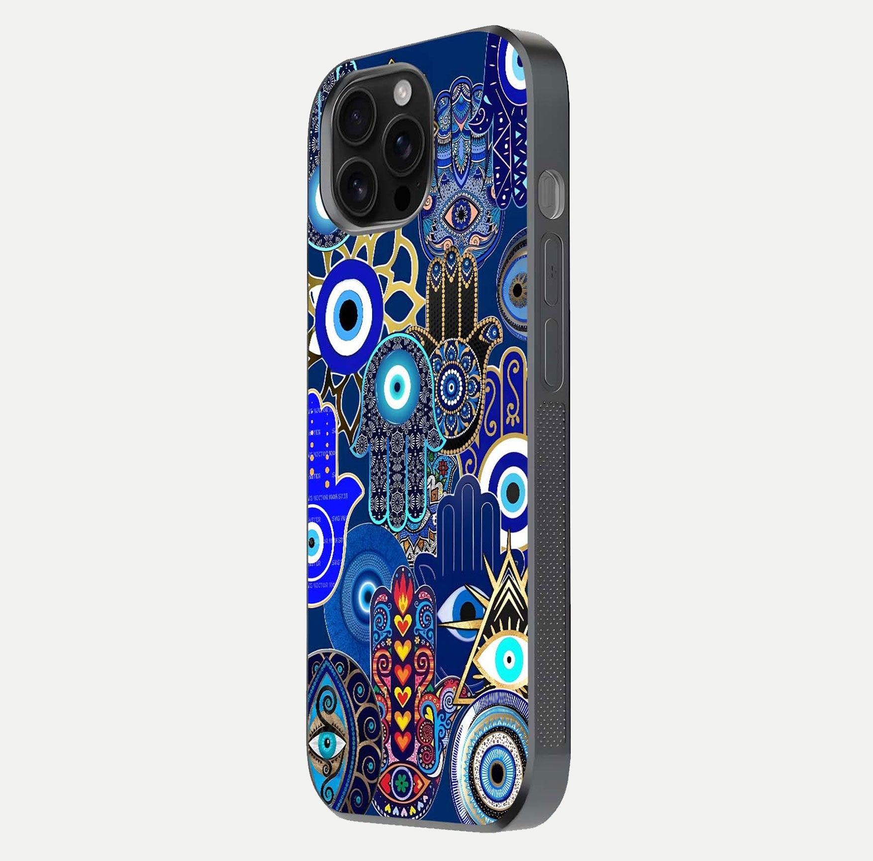 Mystic Palm Guard Glass Case for iPhone 16 Pro Max side-angle image showing shine depth and sacred motif