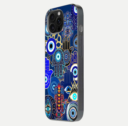 Mystic Palm Guard Glass Case for iPhone 16 Pro Max side-angle image showing shine depth and sacred motif