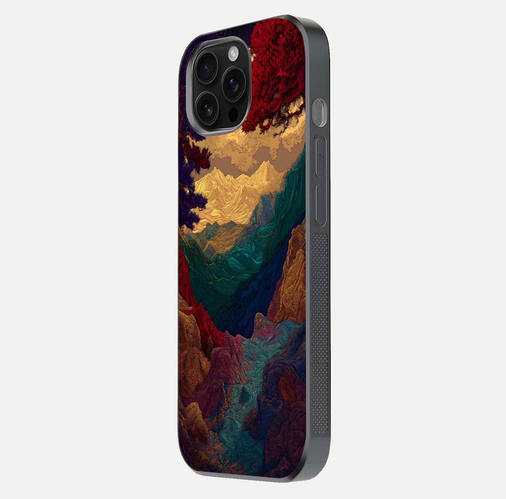 Mystic Valley Light Glass Case for iPhone 16 Pro Max side-angle image showing shine and peaceful hues