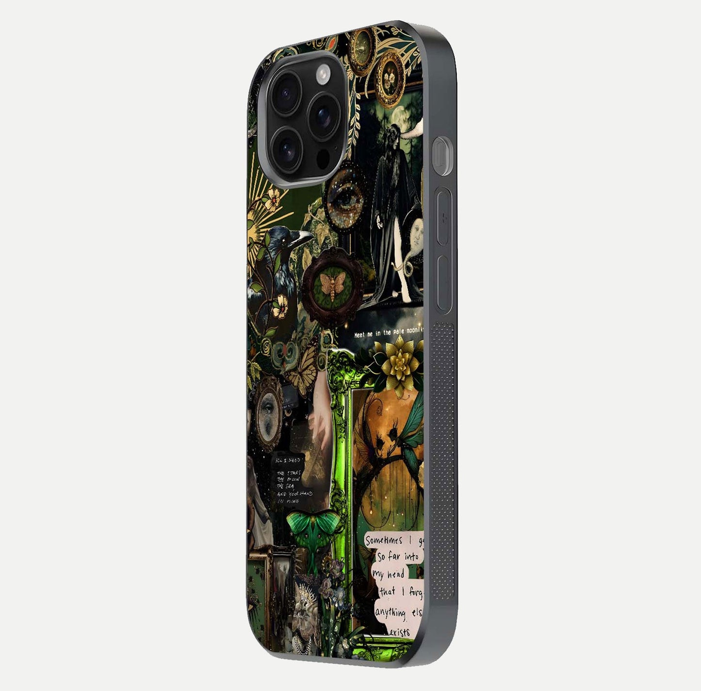 Mystic Woods Secret Glass Case for iPhone 16 Pro Max side-angle image showing gloss reflection and forest pattern