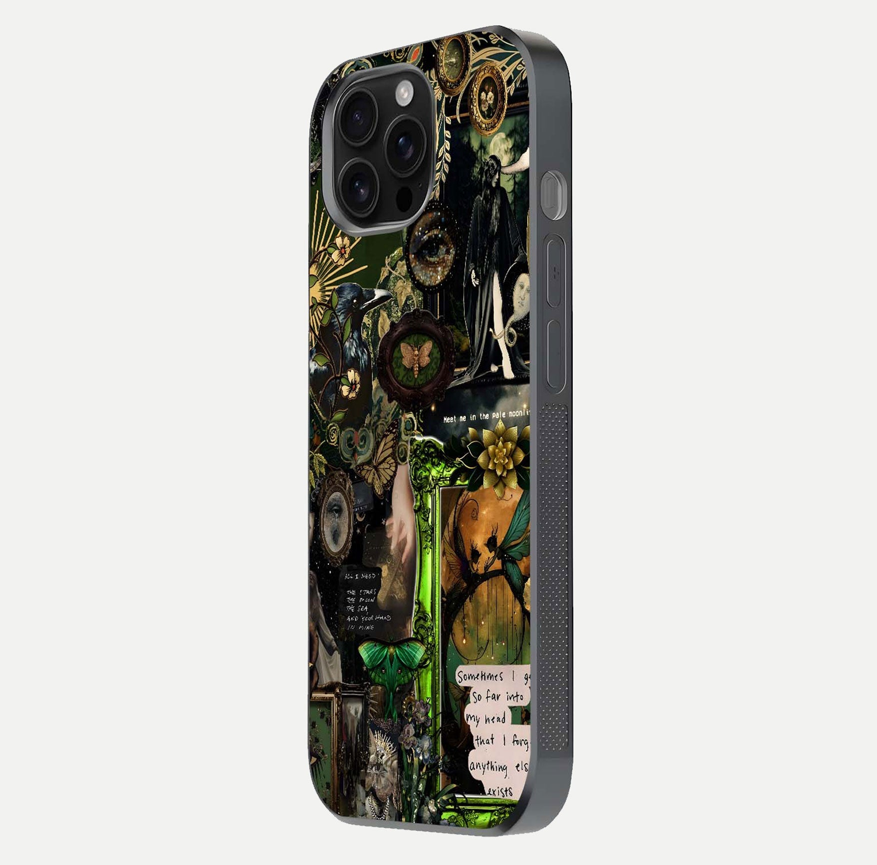 Mystic Woods Secret Glass Case for iPhone 16 Pro Max side-angle image showing gloss reflection and forest pattern