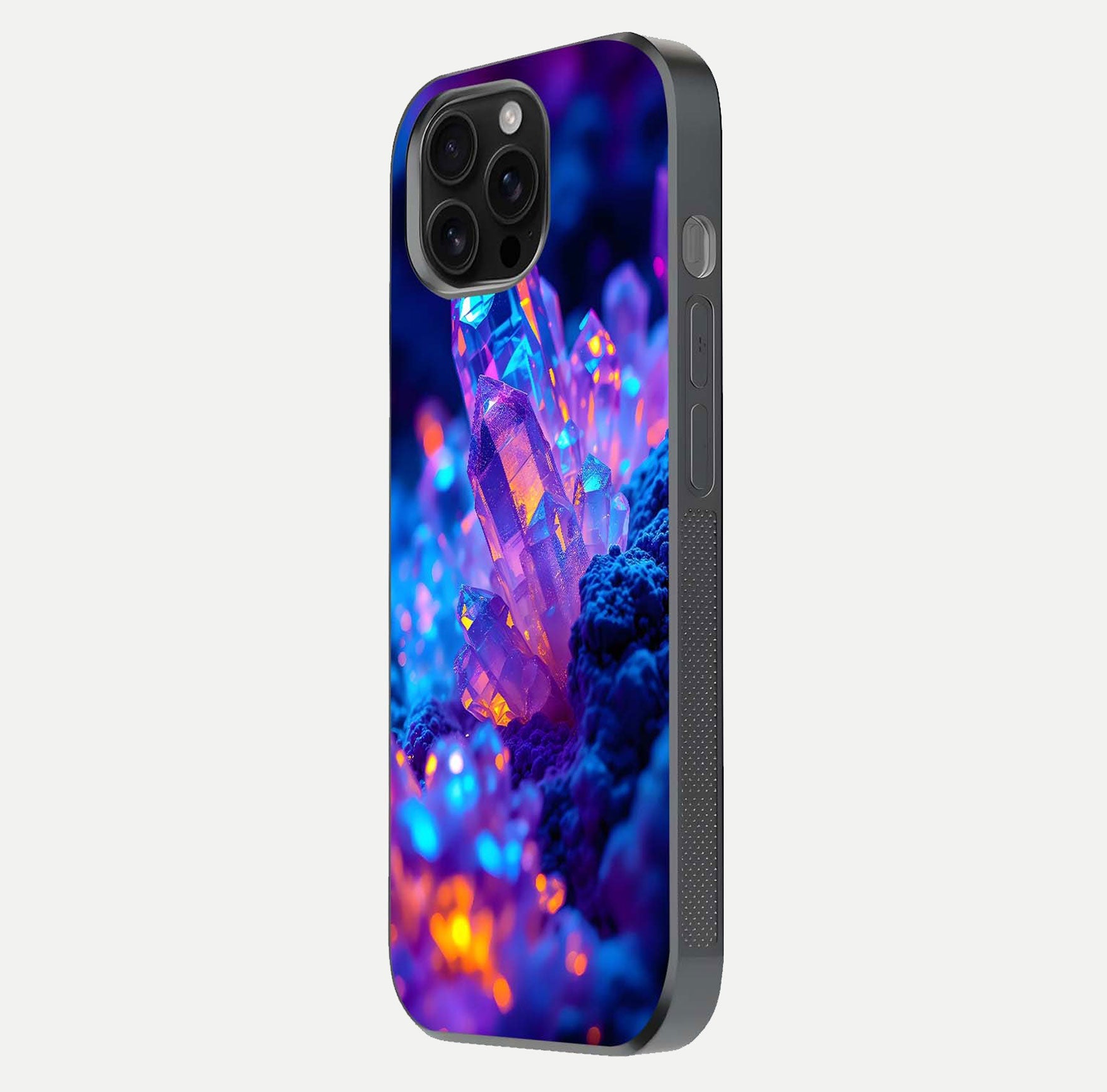 Neon Aura Shards Glass Case for iPhone 16 Pro Max side-angle image showing light depth and glossy contrast