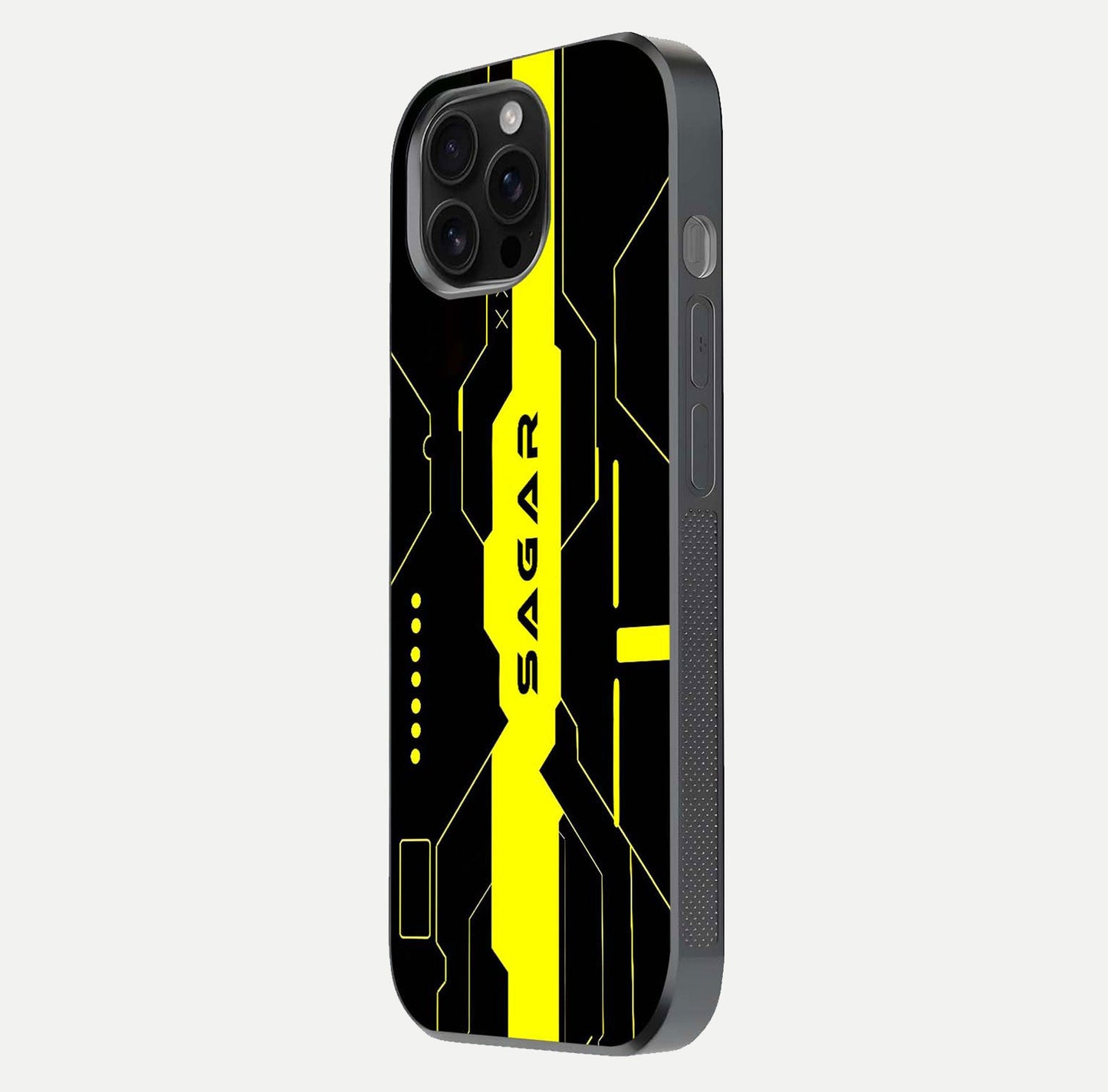 Neon CYBERPUNK Custom Name Glass Case for iPhone 16 Pro Max side-angle image showing glow depth and bold print