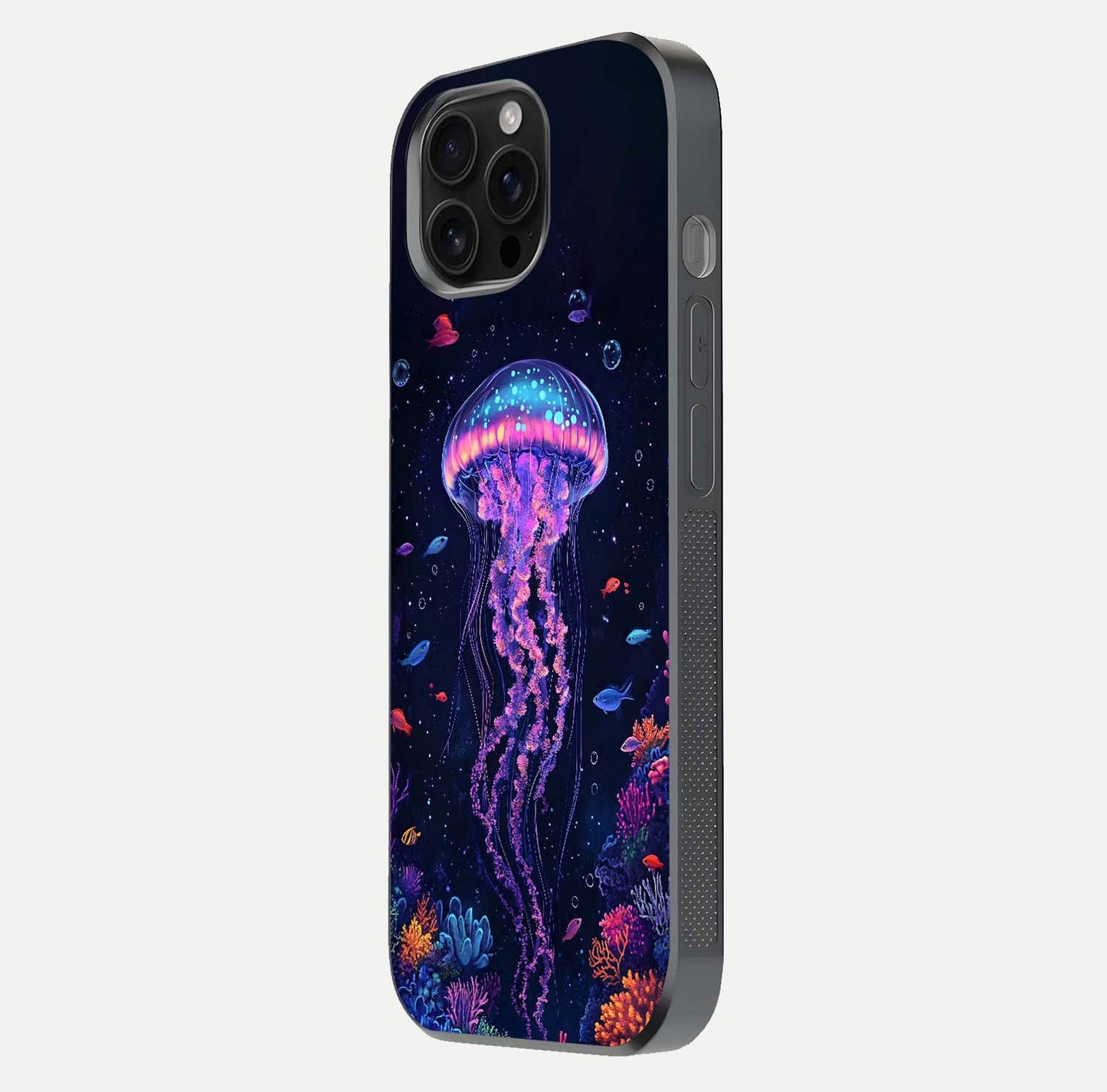 Neon Jellyfish Glass Case for iPhone 16 Pro Max side-angle image showing reflection and oceanic light detailing