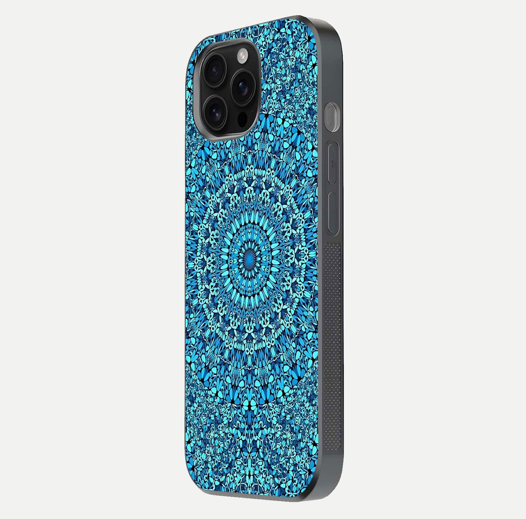 Ocean Bloom Mandala Glass Case for iPhone 16 Pro Max side-angle image showing reflection and detailed floral pattern