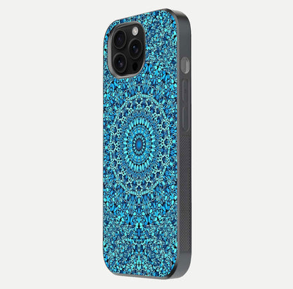 Ocean Bloom Mandala Glass Case for iPhone 16 Pro Max side-angle image showing reflection and detailed floral pattern