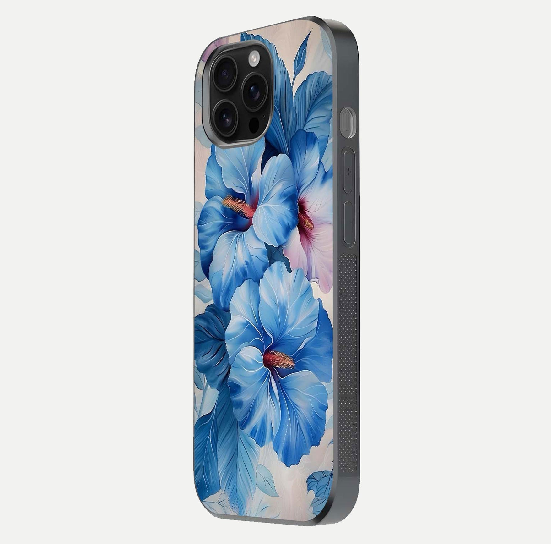 Ocean Hibiscus Grace Glass Case for iPhone 16 Pro Max side-angle image showing smooth texture and hibiscus details