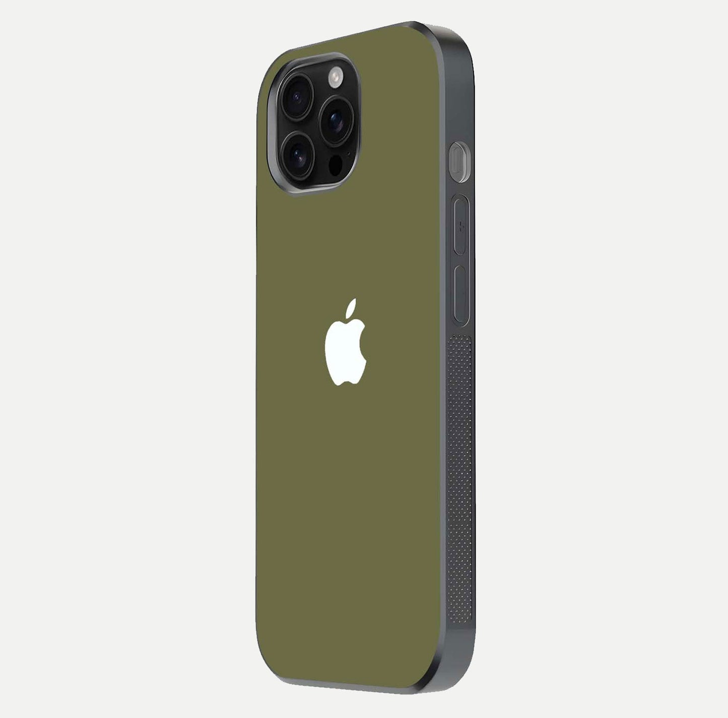 Olive Matte Essence Glass Case for iPhone 16 Pro Max side-angle image showing soft hue and elegant smooth surface