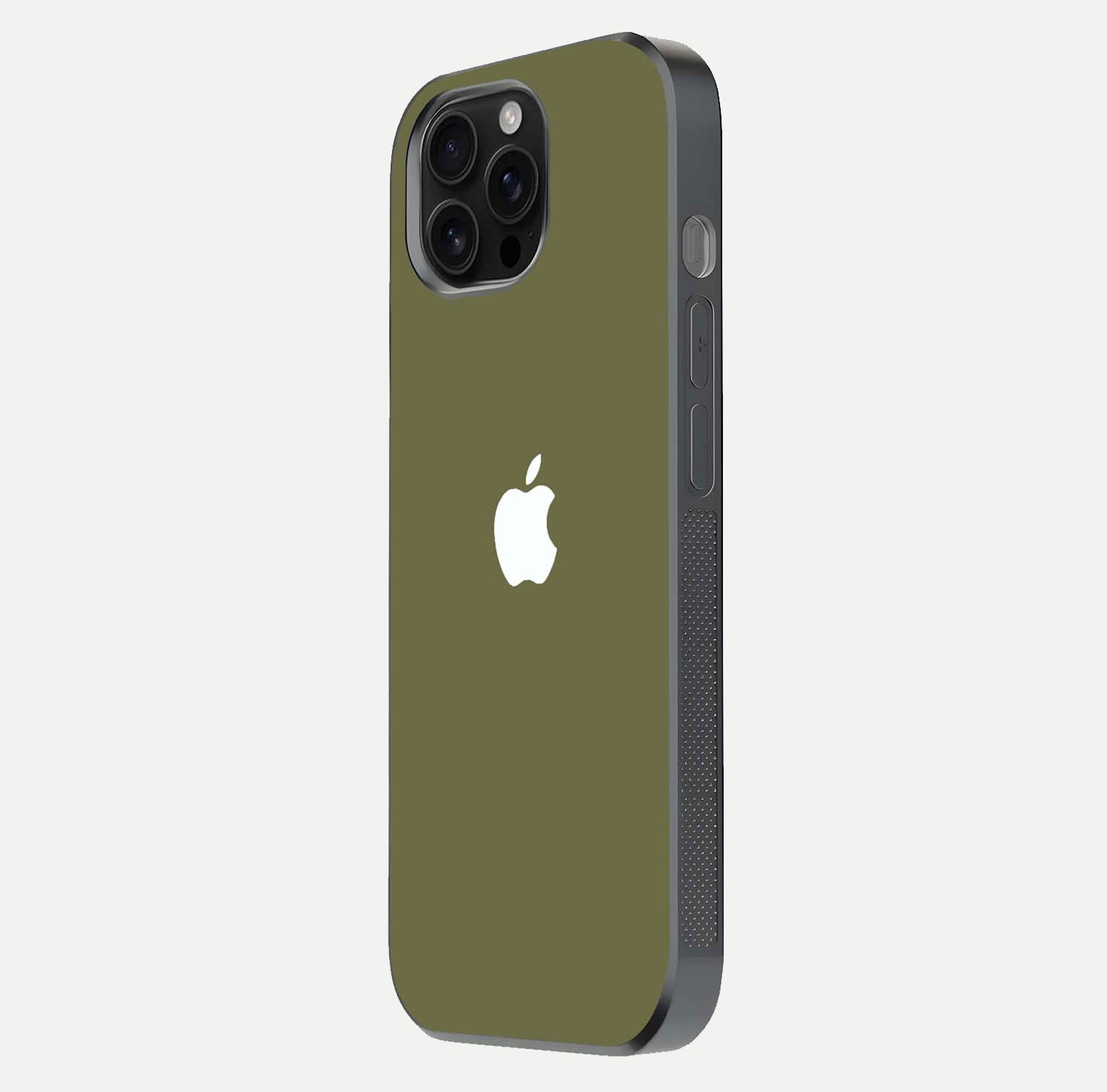 Olive Matte Essence Glass Case for iPhone 16 Pro Max side-angle image showing soft hue and elegant smooth surface