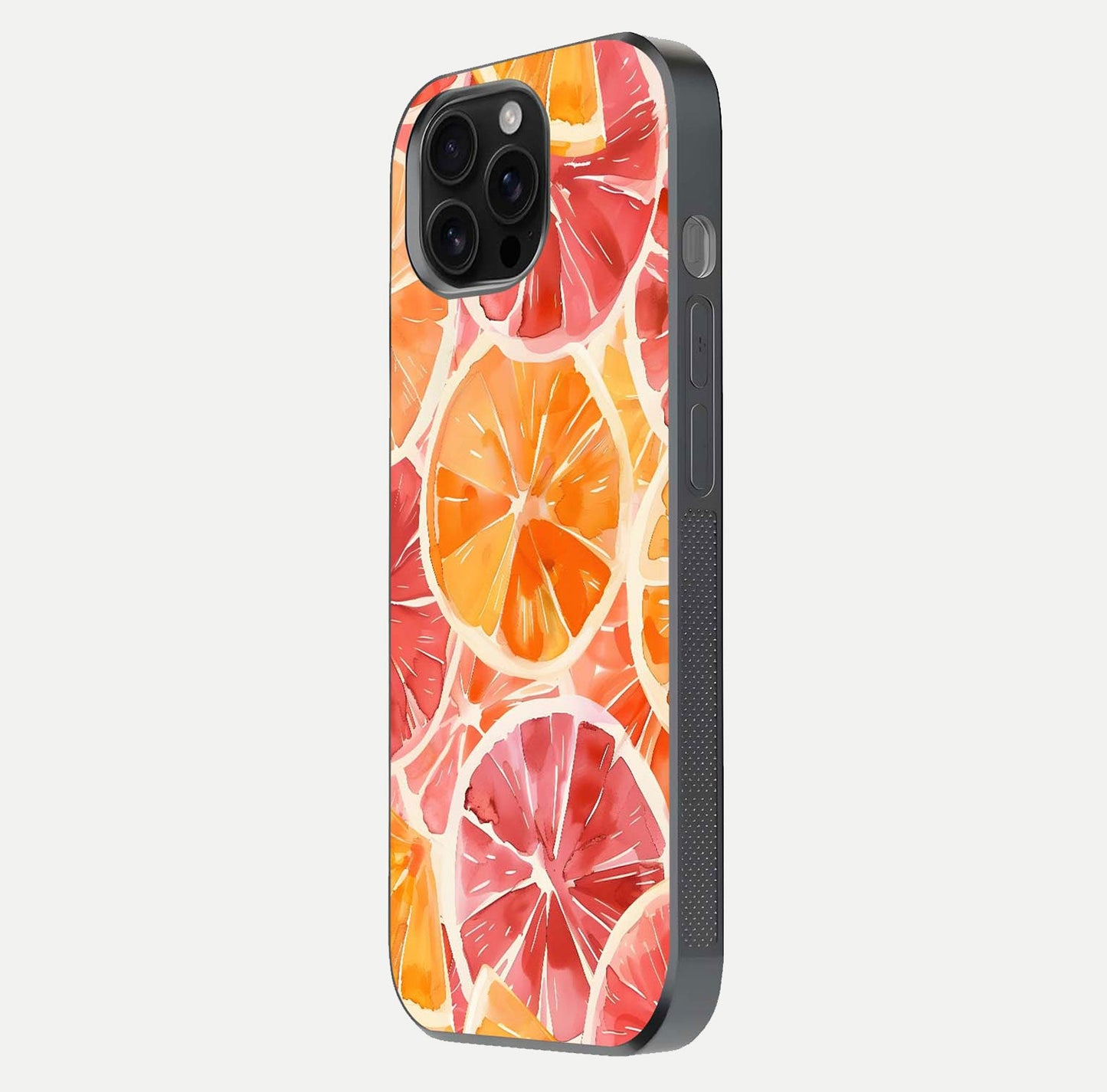 Orange Fruits Pattern Glass Case for iPhone 16 Pro Max side-angle image showing glossy shine and citrus pattern