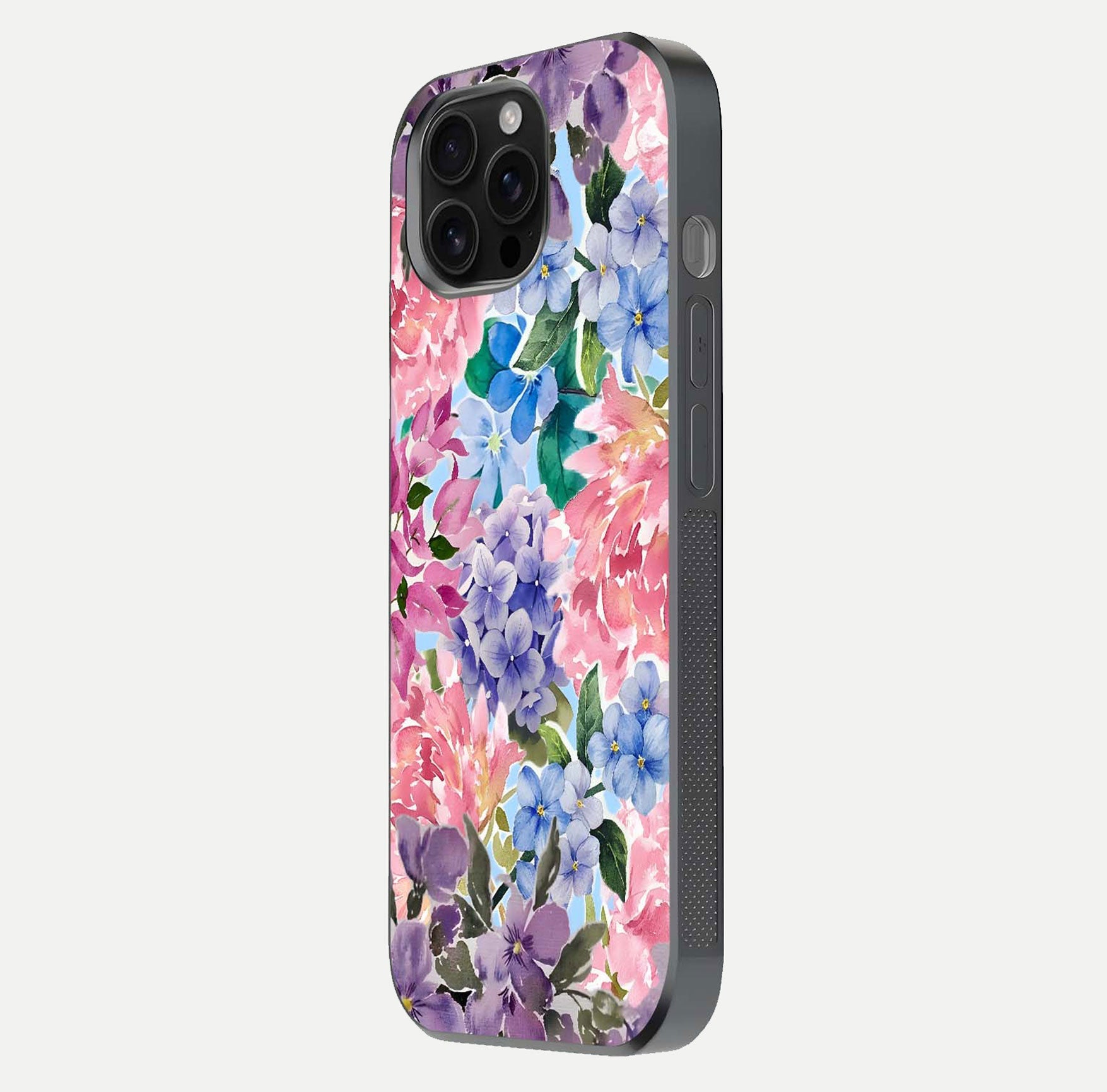 Pastel Floral Mix Glass Case for iPhone 16 Pro Max side-angle image showing reflection and delicate pastel hues