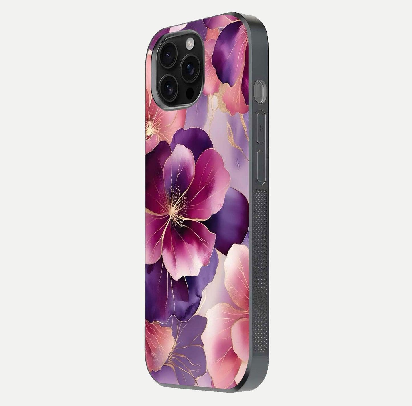 Pink Bouquet Florals Glass Case for iPhone 16 Pro Max side-angle image showing floral texture and reflection clarity