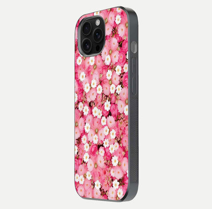 Pink Daisy Bliss Glass Case for iPhone 16 Pro Max side-angle image showing delicate daisy pattern and glass reflection