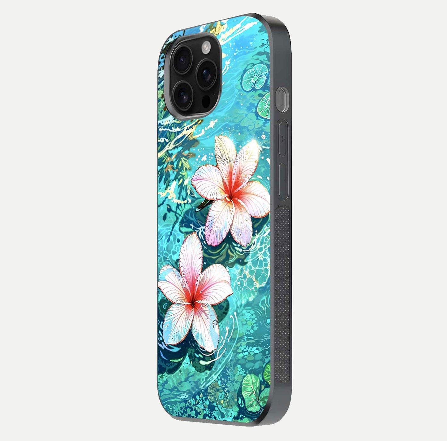 Pink Flowers in Water Glass Case for iPhone 16 Pro Max side-angle image showing reflection and depth of detail