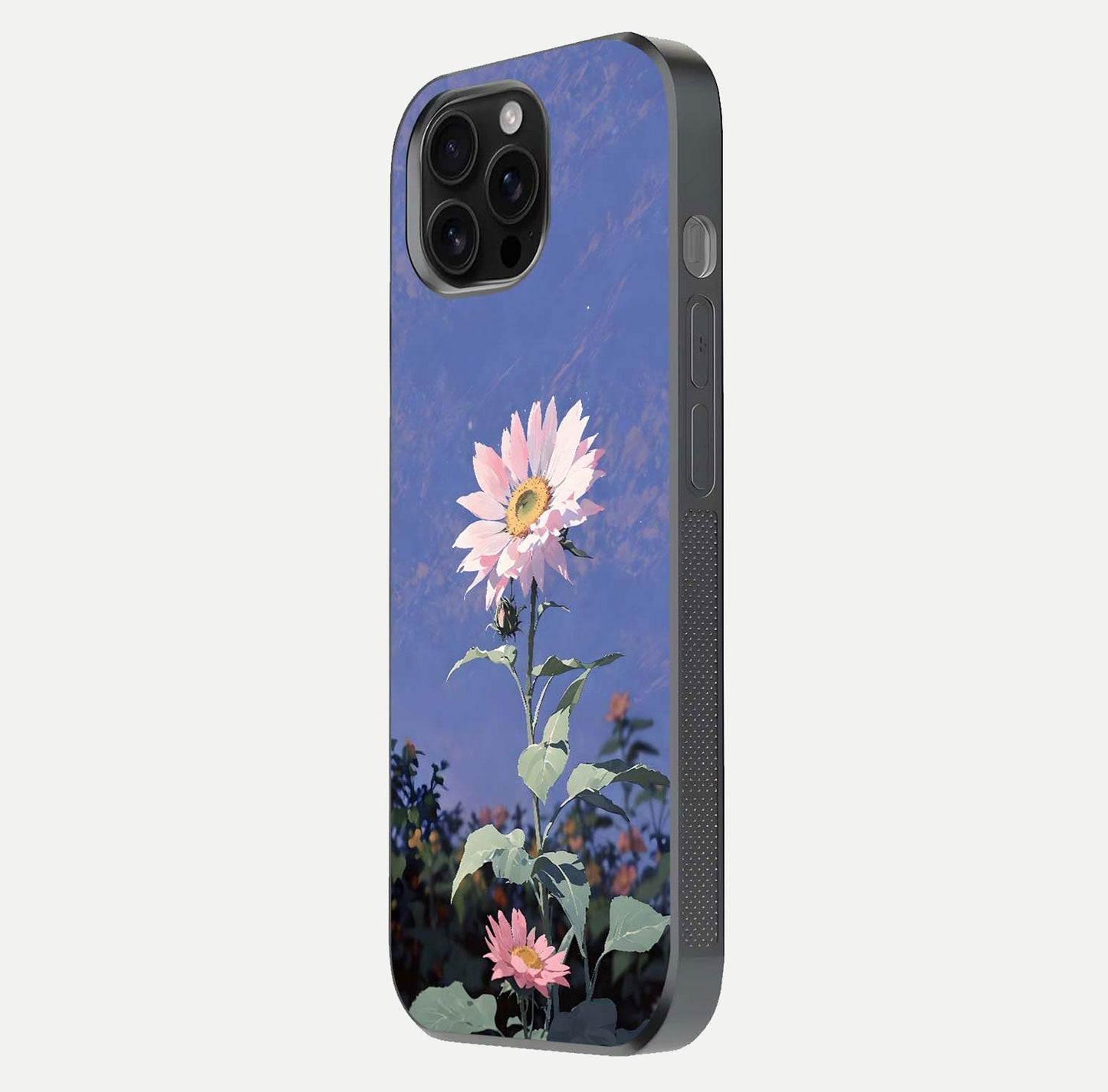 Pink Sunflower Glow Glass Case for iPhone 16 Pro Max side-angle image showing glossy edges and vivid sunflower tones